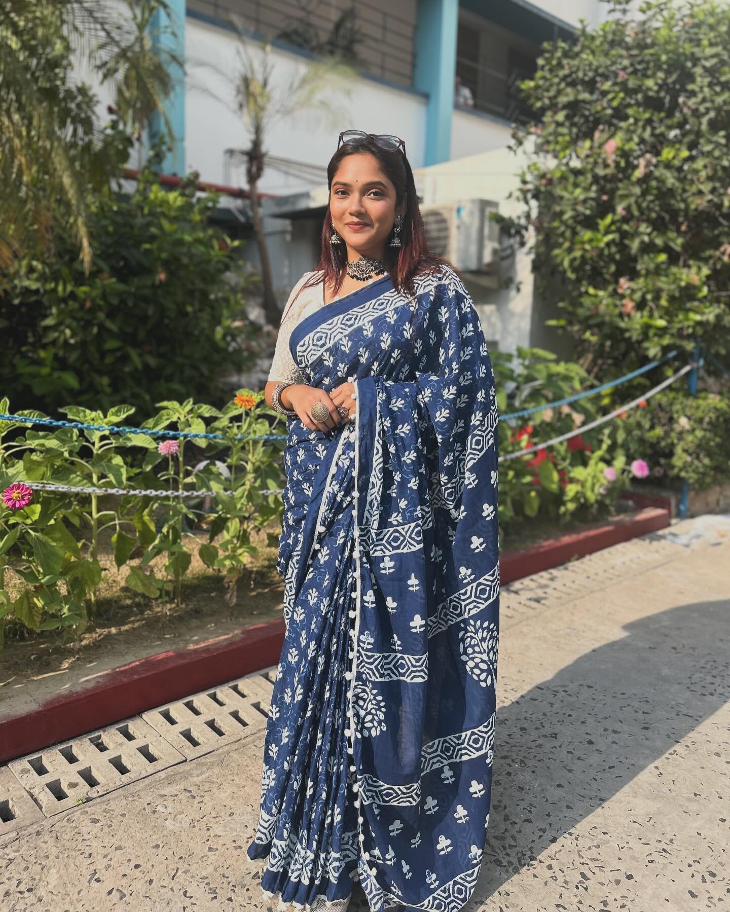 Indigo Blue Cotton Mulmul Handblock Saree