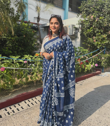 Indigo Blue Cotton Mulmul Handblock Saree
